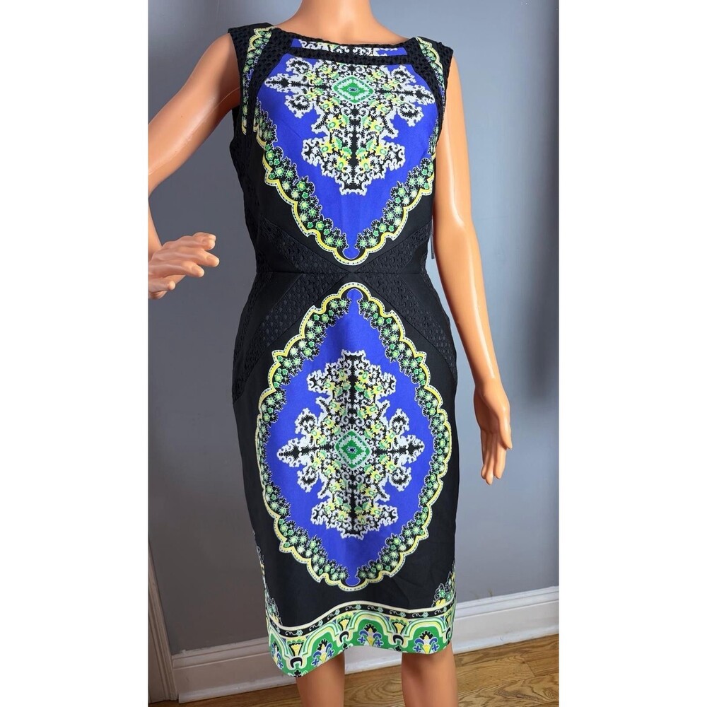 Tahari ASL Dress 8 Womens New Blue Black Geometric Lace Medallion Sheath $135.